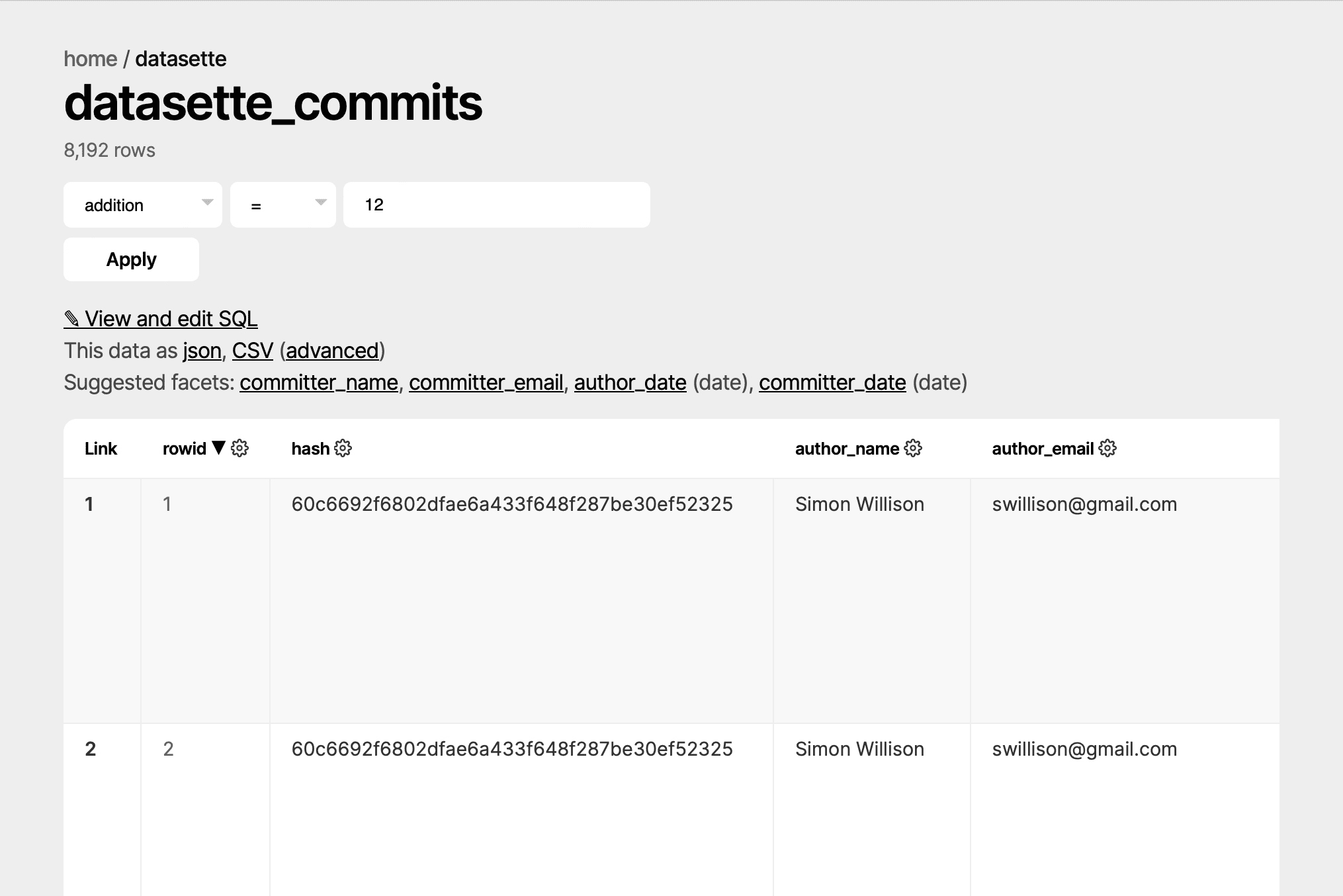 Datasette commits